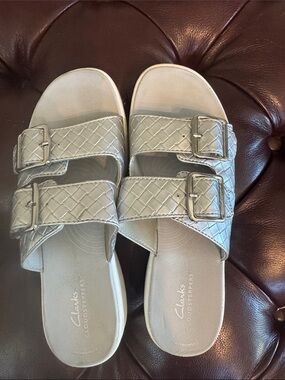 Clarks Women's Double-Buckle Woven Slide Sandals in Light Silver